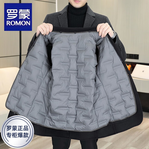 ROMON woolen woolen coat men's new autumn and winter removable duck down lining plus down thickened warm woolen coat black with down lining XL /180 recommended 135-150Jin Jin equals 0.5 kg