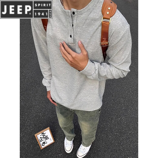 JEEP SPIRIT Jeep light gray Henry collar long-sleeved t-shirt men's autumn and spring trendy brand inner layering shirt American heavyweight po.lo sweatshirt gray L