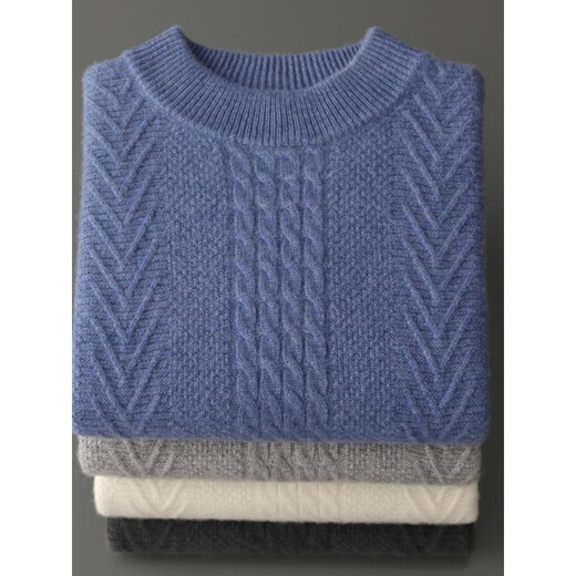 鄂尔多斯市产纯羊毛衫双股加厚男圆领针织毛衣商务休闲内搭扭花打 大象灰 XL