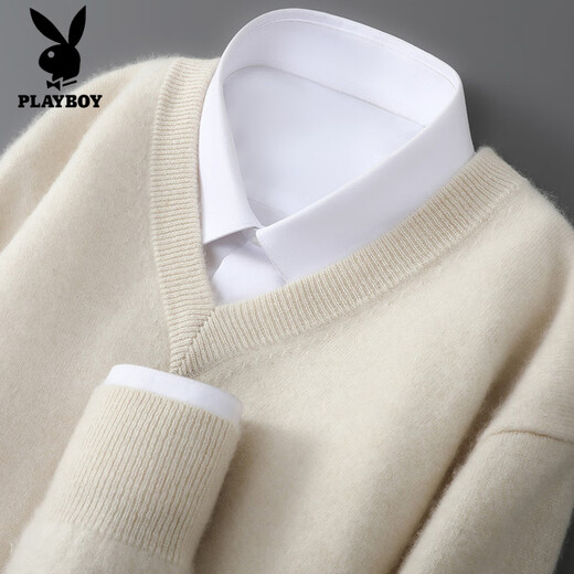 Playboy brand autumn and winter woolen sweater for men, V-neck long-sleeved business casual sweater with loose knitted bottoming cashmere sweater, raw cashmere rice S 100-120Jin Jin is equal to 0.5 kg