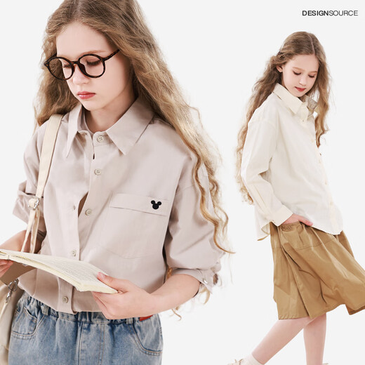 Disney Girls' Shirt Spring and Autumn Children's Cotton Long-Sleeved Shirt Medium and Large Children's Style Top D1ES001 Milk White 160