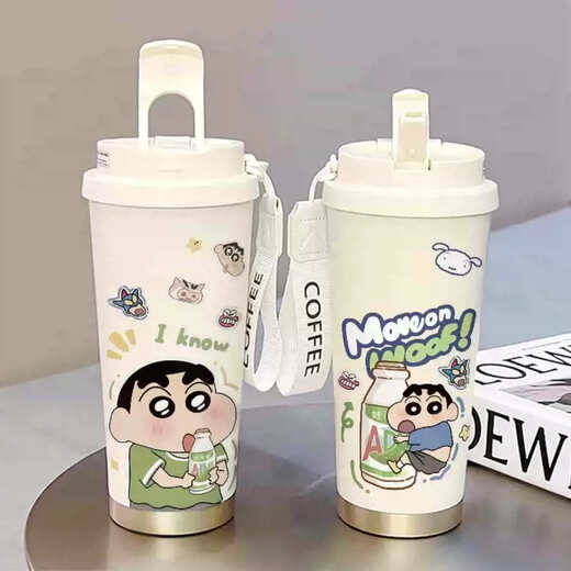 Yusenyi Crayon Shin-chan Thermos Cup Straw Large Capacity Student Dual Drinking Mouth Men and Women Portable New Water Cup Gaoyan CKY753 Take Off Pants Shin-chan + With Lanyard 316 Stainless Steel