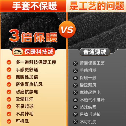 Li Ning Cycling Gloves Winter Men's and Women's Warm Cotton Wool Knitted Velvet Black Gloves Touch Screen Cold Protection Electric Vehicle