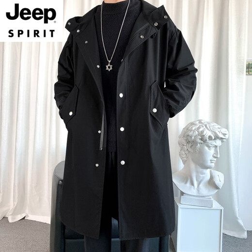 JEEP SPIRIT windbreaker men's spring and autumn mid-length over-the-knee loose hooded velvet coat large size trendy brand winter thickened coat 994-khaki plus cotton M 100-120Jin Jin equals 0.5 kg