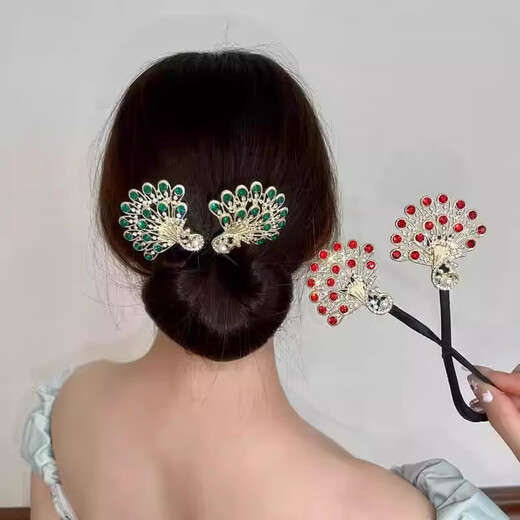 Ball head peacock open screen hair iron 2025 new high-end back of the head twisting clip feather hairpin headdress for women green + blue 2-piece set