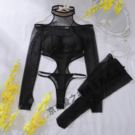 Fox European y americanas medias negras Seductor Sexy Halter Halter Perspective Hollow Ratsuit de ropa interior ajustada se puede abrir