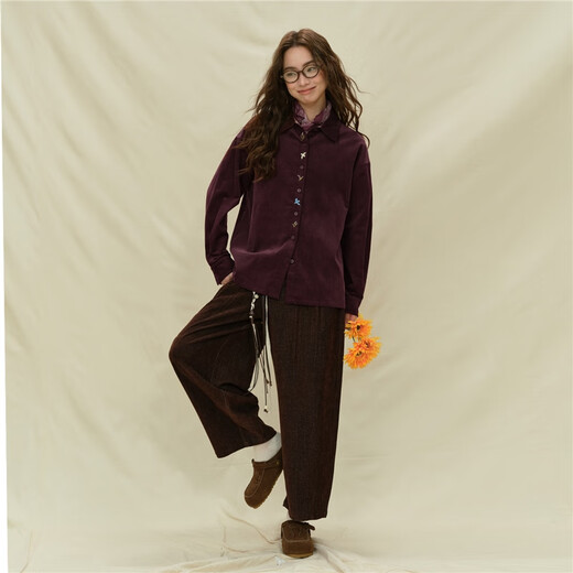 Giordano designer women's pure cotton corduroy embroidered plaid loose long-sleeved shirt 18345227 04 prune purple M