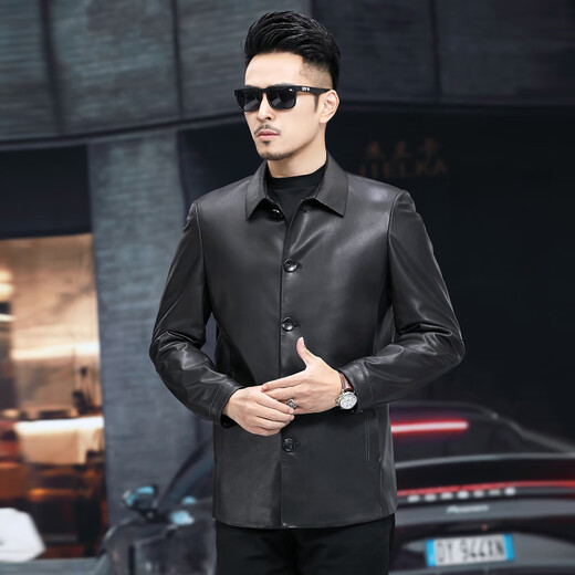 ARMANI EXCHANGE Armani Haining first-layer cowhide lapel black slim business leather jacket mid-length zipper leather jacket black L 170