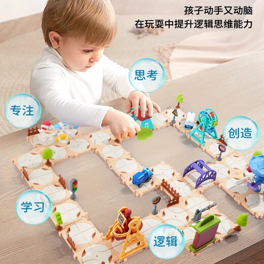DADDY GUARD Children's Electric Rail Car DIY Castle Girls 1-3-6 Years Old Puzzle Brain Maze Train Toy 4 Major Theme Models 125 Pieces Accessories + DIY Puzzle Rail Running Car
