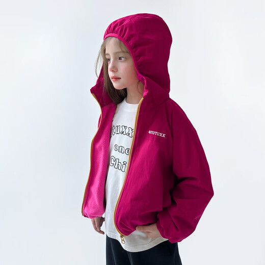 Tutu Little Elephant Girls' Jacket Spring and Autumn Windproof Soft Shell Girls' Velvet Hooded Jacket Rose Red 150 Height About 150cm