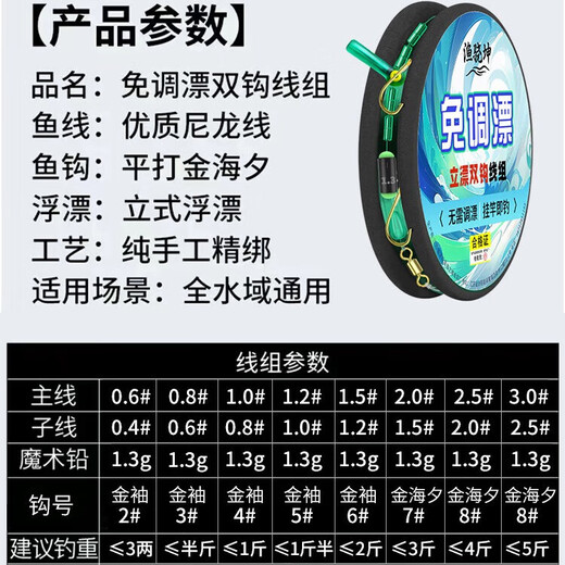 New adjustment-free float set finished line set flip fish hook double hook float crucian carp fishing traditional full set of main line 4.5m 4-roll line set comes with 2 luminous floats + 2 electric + box double hook 1.5 main line + 1.2 sub-line + golden sleeve No. 6 hook