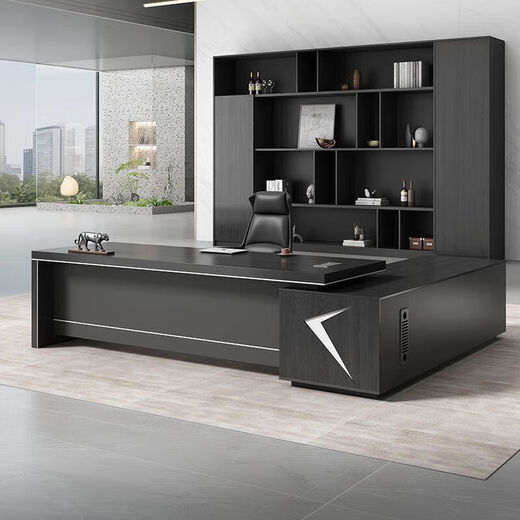 Office boss desk, office desk, chair and chair combination, simple modern executive desk, president desk, manager desk complete set, North American Stowe walnut and Nicola gray 1.8m thickened table + single side cabinet