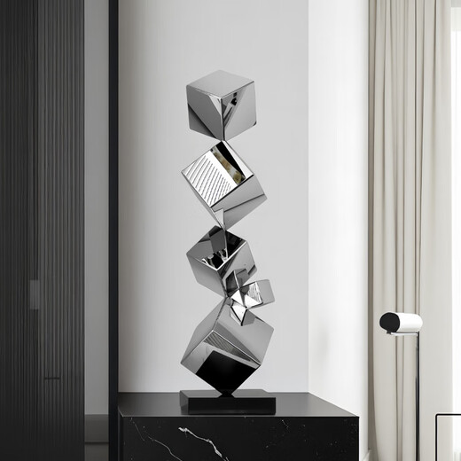 Ji Shanyuan modern simple geometric stainless steel sculpture art light luxury hotel lobby entrance niche desktop ornaments flat trumpet + sculpture table