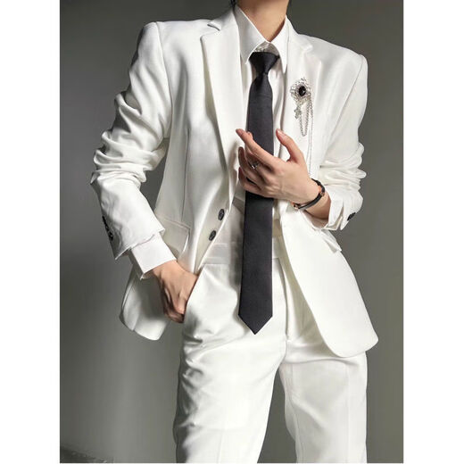 An Chuxia white high-end right shoulder suit for men ins relaxed neutral style handsome minimalist suit jacket for men and women three-piece white suit + white shirt + white trousers black L