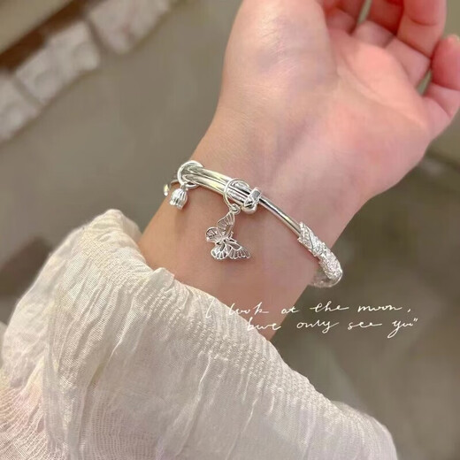 999 Pure Silver Flower Bracelet Solid Bracelet Young Silver Jewelry as a Birthday Gift for Girlfriend 25 Grams Flower Butterfly + Wind Chime Gift Box + Certificate