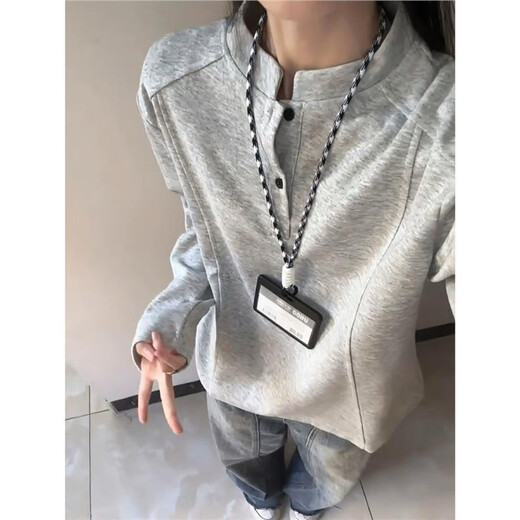 Mo Xiaodao Henry collar POLO shirt sweatshirt for men in spring and autumn deconstructed splicing design right shoulder bottoming shirt hooded long-sleeved T-shirt light gray XL 120-140Jin Jin equals 0.5 kg