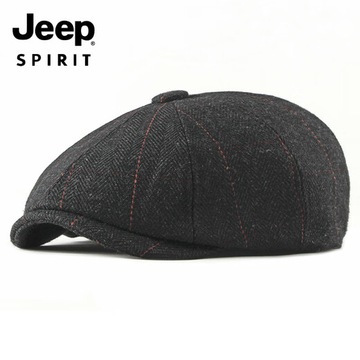 JEEP middle-aged and elderly beret men's British retro woolen peaked cap autumn and winter new octagonal hat casual painter hat black M adjustable 55-60c
