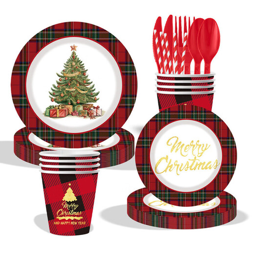 Red Christmas Party Paper Plate Tableware Set Printed Plaid Children's Christmas Disposable Paper Cups Tissue Paper Plates 10-Person 8-piece Set Red