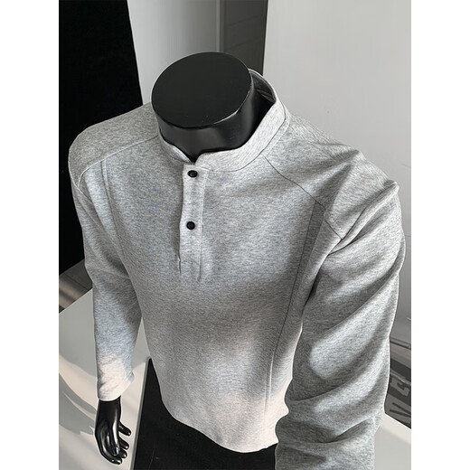 Jingsa American trendy bottoming sweatshirt for men in autumn, loose and simple polo henley shirt, versatile casual long-sleeved inner t-shirt, light gray XL