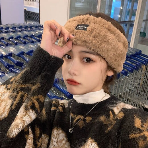 Biyun Autumn and Winter 2025 New Rabbit Fur Hairband for Women's forehead to keep warm during postpartum period, plus velvet and thickened wide-brimmed hairband, khaki color, trendy and warm, 56-58cm