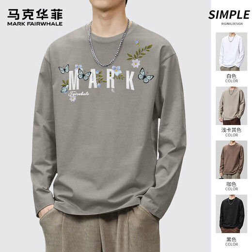 马克华菲2025秋季男士黑色纯棉长袖T恤透气百搭时尚潮流百搭圆领上衣男款