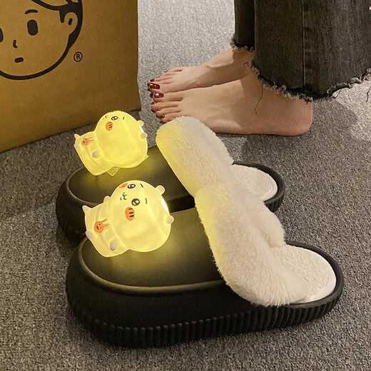 HONGSILINYI detachable cotton slippers for men and women with lights cartoon outer wear comfortable winter indoor warm non-slip outer wear couple white luminous 2589 luminous Jijiwa removable and washable 36 37