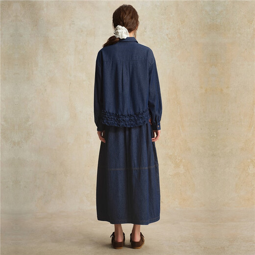 Giordano designer women's autumn and winter new ruffled loose lapel long-sleeved denim shirt 18345222