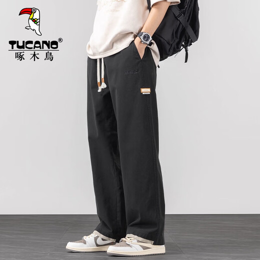 Woodpecker Casual Pants Men's Autumn and Winter Plus Velvet American Cotton Casual Pants Men's Trendy Loose Straight Sports Wide-leg Trousers Khaki XL (Recommended 125-150 Jin Jin equals 0.5 kg)