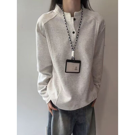 Mo Xiaodao Henry collar POLO shirt sweatshirt for men in spring and autumn deconstructed splicing design right shoulder bottoming shirt hooded long-sleeved T-shirt light gray XL 120-140Jin Jin equals 0.5 kg