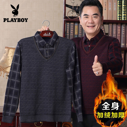 Playboy (Playboy) Daddy Falls Falls Fall и Winter Fake Two Men Plus Fleeme Colleceed Midge и пожилой мужской ношение теплого свитера старика старика базовой рубашки Официальный флагман 2691 Grey [Fleese] Утолщенный M Рекомендуется 90-115Jin [Jin Equals 0,5 кг]
