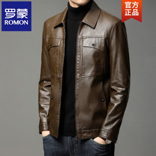 ROMON leather jacket men's spring new leather jacket men's single leather casual lapel father's imitation sheepskin jacket black L 175