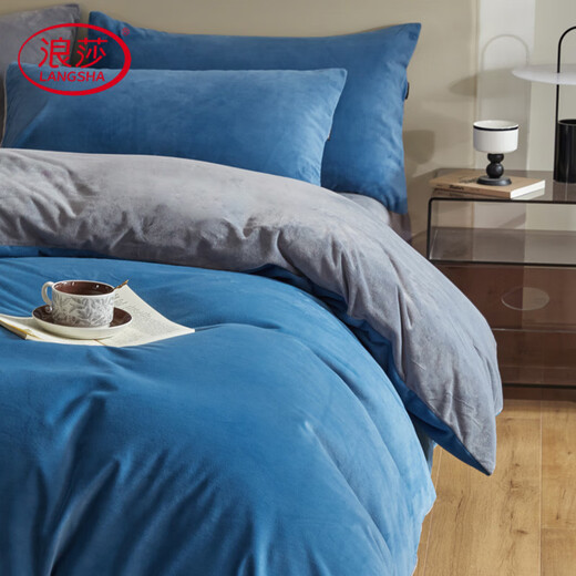 Langsha's new type A baby velvet Dove velvet baby velvet milk velvet French velvet solid color four-piece set plus velvet thickened bedding Blue blue + Nordic gray bed sheet style 1.2m three-piece set