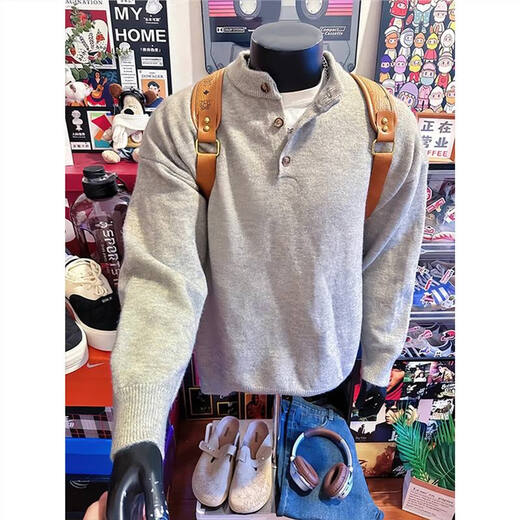 Jufeng cleanfit henley collar sweater men's winter American lazy style inner sweater high-end base coat gray upgraded model XL