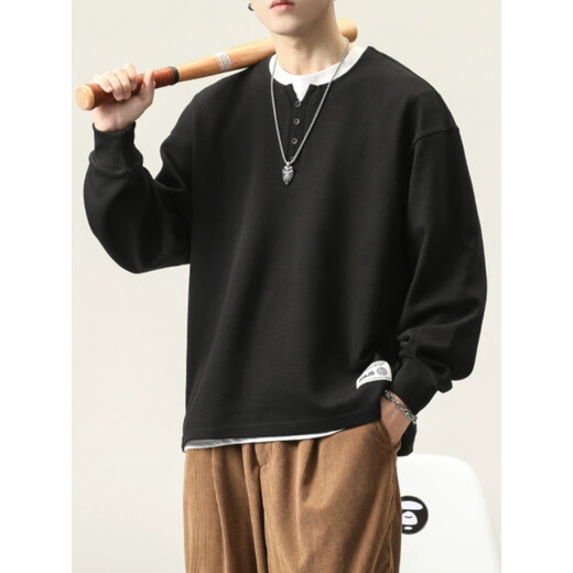 KXKE spring heavy cotton men's long-sleeved T-shirt loose large size American trendy brand casual Henry collar bottoming shirt sweatshirt black 4XL recommended 170-185Jin Jin equals 0.5 kg