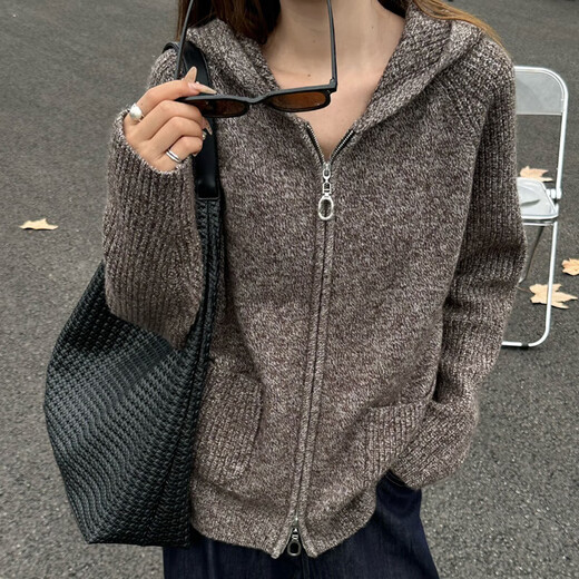 Baoye 2025 autumn and winter new style 100% wool knitted hooded zipper cardigan jacket for women Korean style loose sweater Rice Coffee One Size