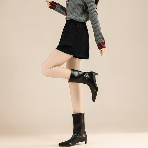 TERRE BLEUE High Waisted Woolen Shorts Retro Style 2025 Autumn and Winter New Women's Elastic Waist Suit Shorts Black M