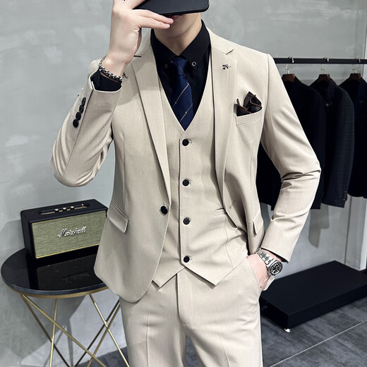 Jason's Groom's Suit Suit Men's Large Size Business Professional Formal Wedding Dress Suit Three-piece Men's Korean Style Slim Khaki (Suit + Vest + Pants) XL