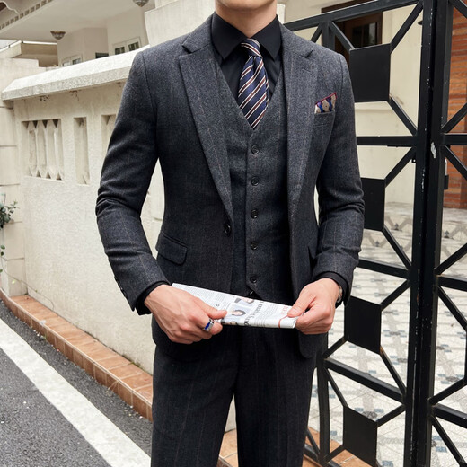 Lilang Autumn and Winter Thick Wool Suit Men's Striped Woolen Business Casual Suit Korean Slim Wedding Dress Dark Gray Suit+Vest+Trousers 3XL 56