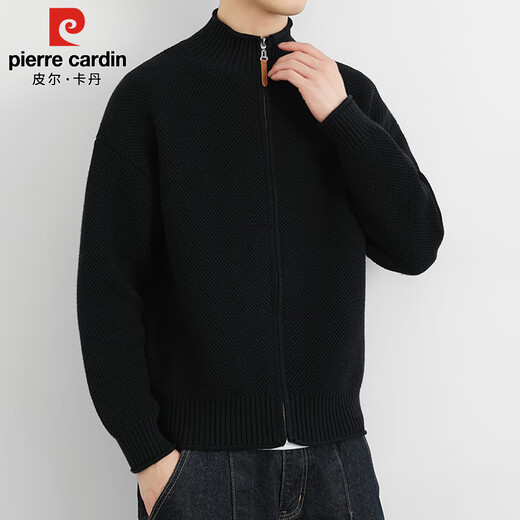 Pierre Cardin sweater men's autumn and winter trendy high-end cardigan jacket men's casual stand-up collar sweater men's black XL