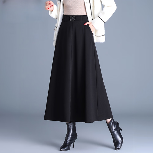 Woolen skirt for women with drapey black winter 2025 new style high-waist skirt that covers the crotch and looks slimming, long skirt with pleated skirt, black M 2 feet/recommended 90-100 Jin Jin is equal to 0.5 kg