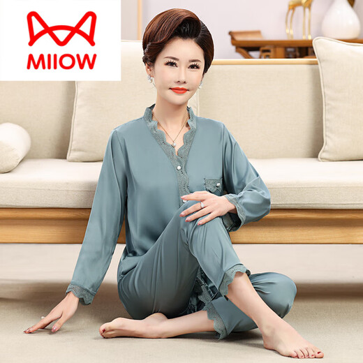 猫人（MiiOW）妈妈睡衣女2025年新款舒适夏季长袖中老年人丝绸家居服套装可外穿 683浅粉（长款款） M 建议80-95斤
