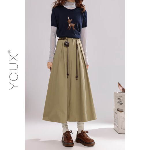 Youxiang Amber Cold Light Khaki Skirt Women's 2025 Autumn New High Waist Slim A-Line Skirt Umbrella Skirt Khaki Belt L L
