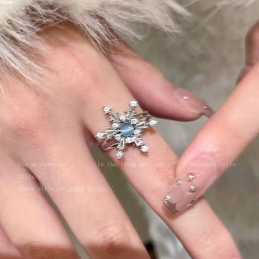 Blue zircon snowflake ring for women 2025 new niche design index finger ring versatile adjustable ring gravel ice blue ring