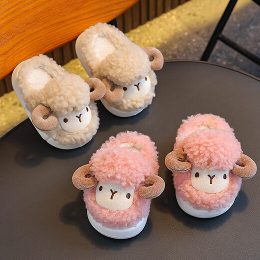 Winter children's cotton slippers for boys and girls, warm and plush, small and medium-sized children, infants and young children, home baby lamb cotton slippers, light coffee slippers, 12, 26/27 size (shoe length 16CM, suitable for feet 15