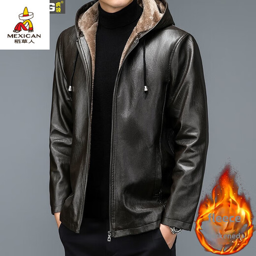 Scarecrow (MEXICAN) autumn and winter middle-aged and elderly leather jacket hooded men's leather jacket large size loose casual dad wear velvet thickened jacket 105 black 3XL 185170-190Jin Jin is equal to 0.5 kg