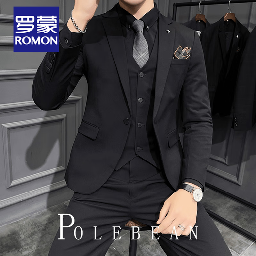 ROMON Groom's Business Casual Korean Style Slim Three Piece Wedding British Style Wedding Professional Formal Men's Suit Suit Black (Suit+Vest+Trousers) XL
