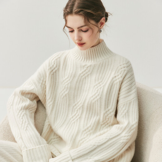 Mushi Cashmere Sweater Women's Half Turtleneck Sweater Women's Winter Cable Striped Knit Sweater Loose Pullover Bottoming Shirt RC25145 Cream White One Size