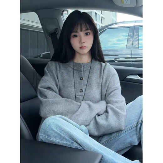 Main style (ZHUYIFAN) dark gray Henry collar sweater for men in autumn, old money American style lazy style sweater, couple inner sweater, dark gray, upgraded fabric M