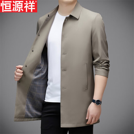 Hengyuanxiang повседневная мужская ветровка средней длины, осень 2025, новое тонкое пальто большого размера в деловом стиле без глажки, цвет хаки XL 180, размер подходит для роста 145-160Цзинь Цзинь равен 0,5 кг