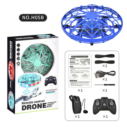 Nouveau UFO soucoupe volante intelligente avion à induction geste suspendu drone à quatre axes jouet pour enfants avion bleu OVNI + télécommande + montre télécommande (lumières froides)